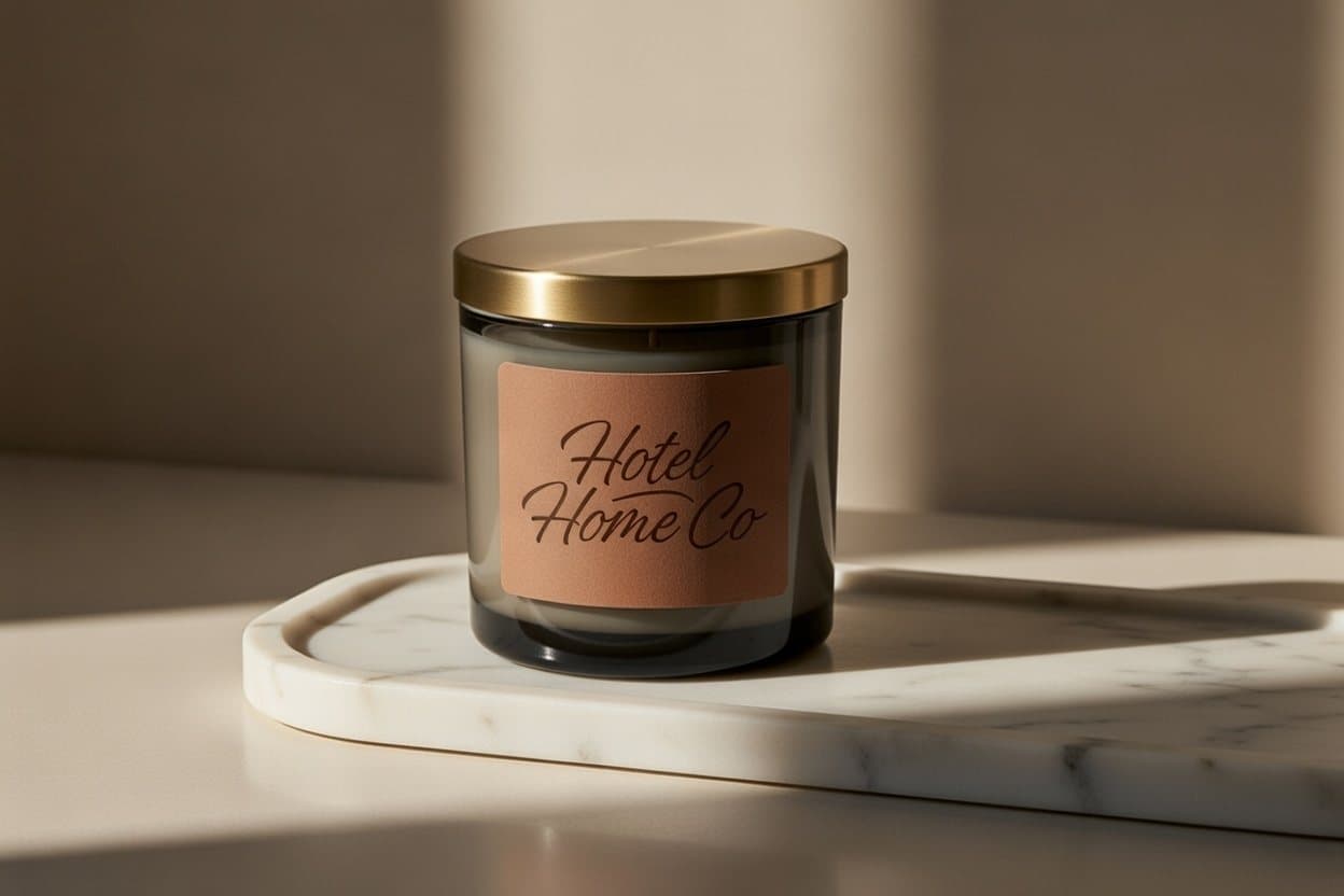 A Hotel Home Co. candle in warm afternoon light